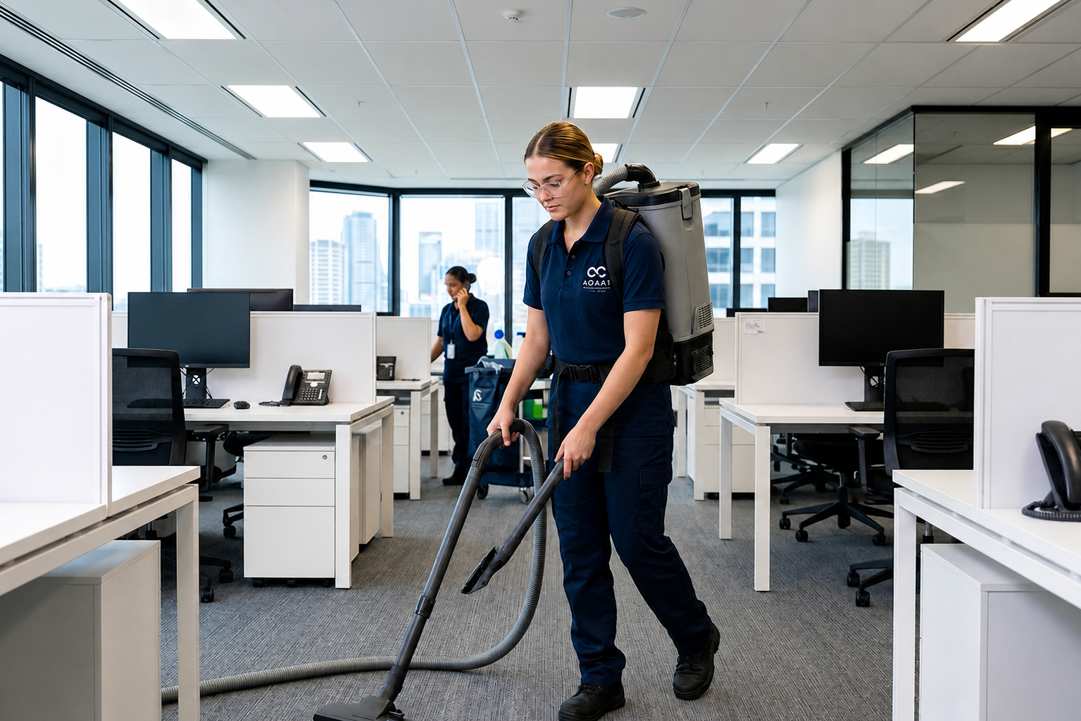Commercial cleaner vacuuming in a modern office