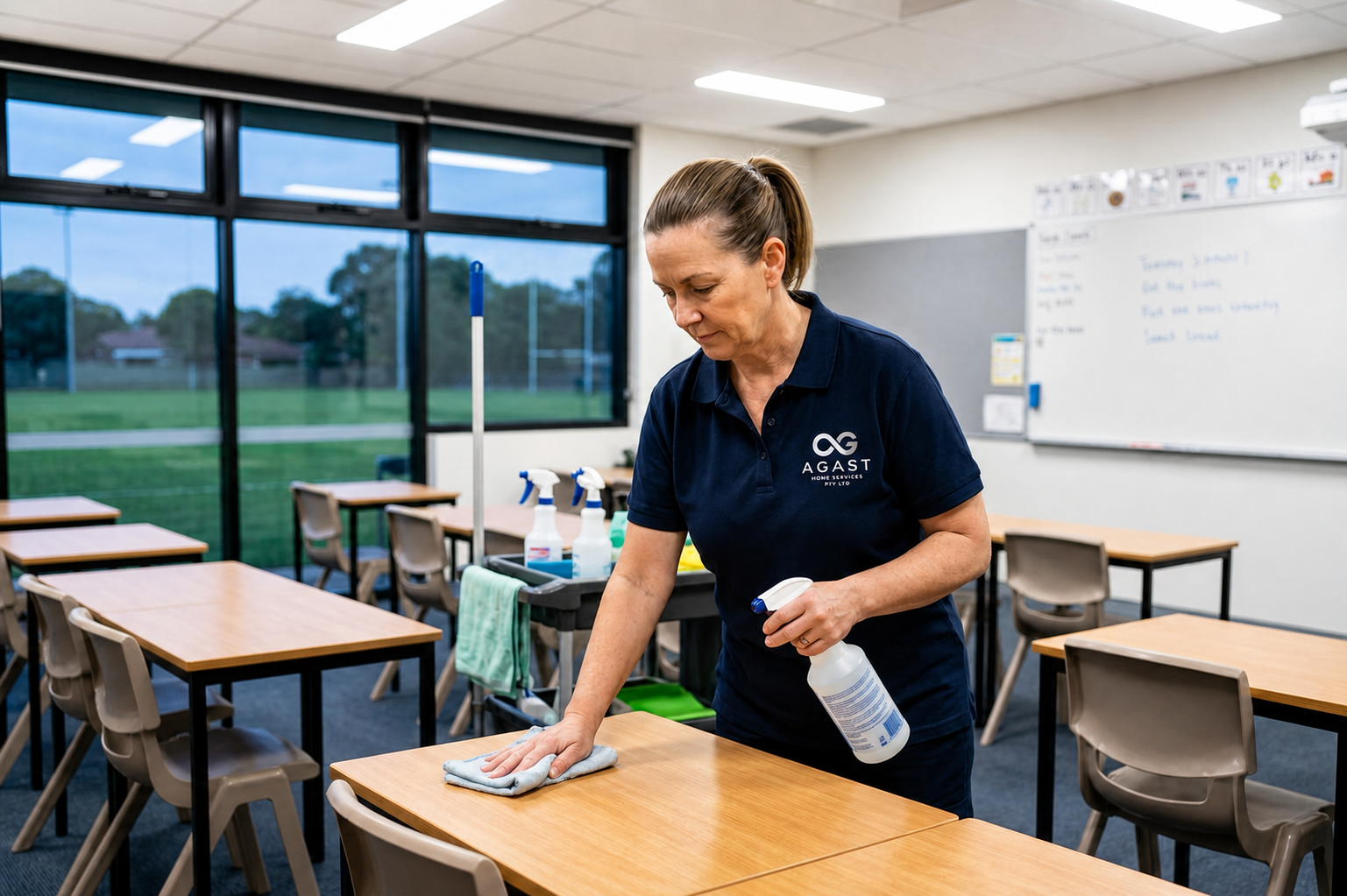Agast Group cleaner sanitising a school classroom